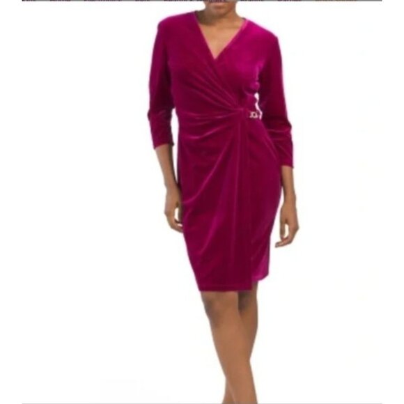 Anne Klein  Classic Wrap Stretch Velvet Dress Rhinestone Chain Buckle raspberry - Picture 1 of 16